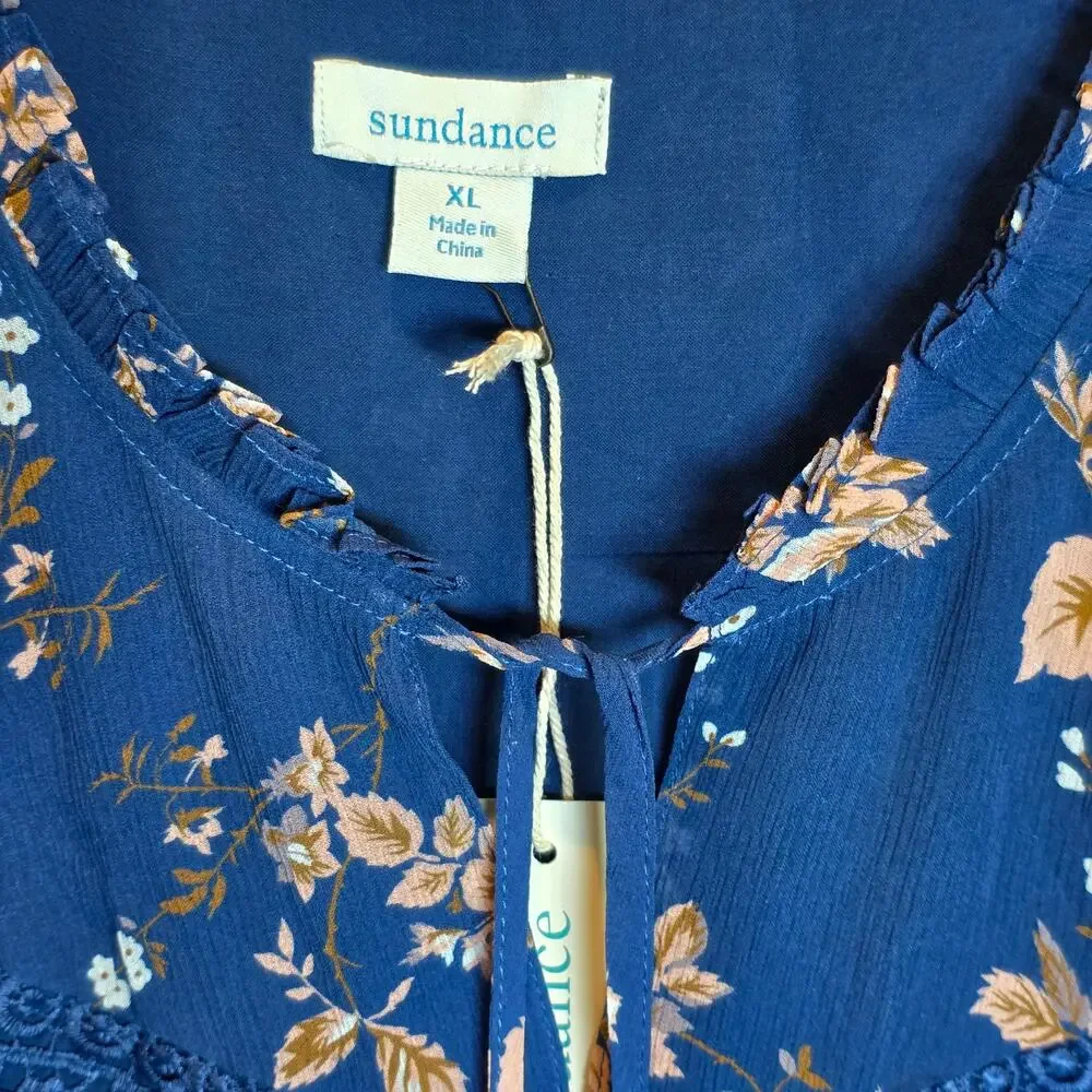Sundance Highland Garden Silk Tunic Blouse Floral Sz XL Blue Pullover Sheer $138 - Picture 6 of 16
